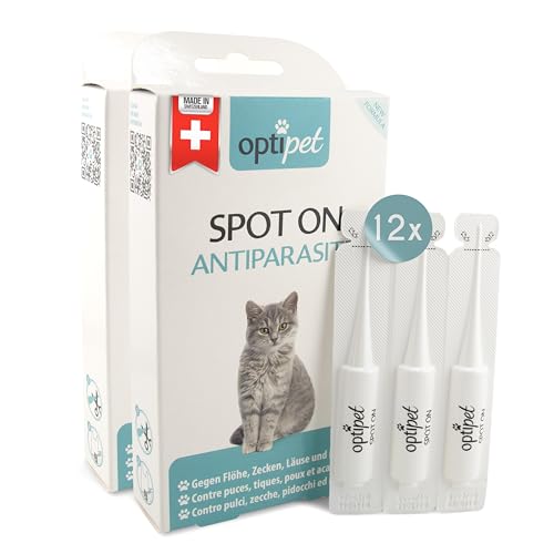 OptiPet Spot On Pipetten für Katzen 12x1ml - Hochwirksame Tropfen gegen Milben, Flöhe, Zecken & Läuse - Parasiten Abwehr Schutz bis zu 12 Monaten - Flohschutz, Zeckenschutz, Zeckenmittel für Katzen von OptiPet