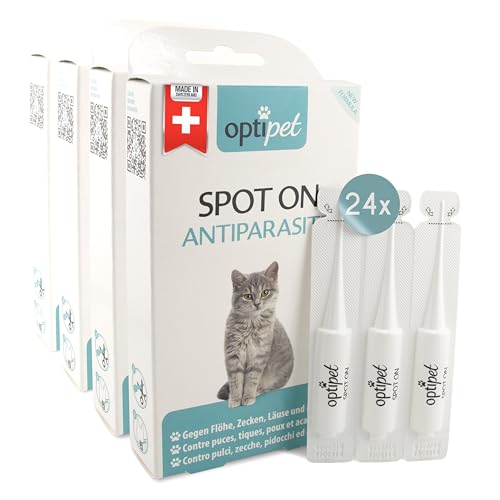 OptiPet Spot On Pipetten für Katzen 24x1ml - Hochwirksame Tropfen gegen Milben, Flöhe, Zecken & Läuse - Parasiten Abwehr Schutz bis zu 96 Wochen - Flohschutz, Zeckenschutz, Zeckenmittel für Katzen von OptiPet