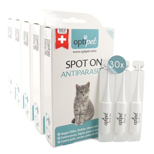 OptiPet Spot On Pipetten für Katzen 30x1ml - Hochwirksame Tropfen gegen Milben, Flöhe, Zecken & Läuse - Parasiten Abwehr Schutz bis zu 120 Wochen - Flohschutz, Zeckenschutz, Zeckenmittel für Katzen von OptiPet