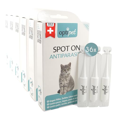 OptiPet Spot On Pipetten für Katzen 36x1ml - Hochwirksame Tropfen gegen Milben, Flöhe, Zecken & Läuse - Parasiten Abwehr Schutz bis zu 144 Wochen - Flohschutz, Zeckenschutz, Zeckenmittel für Katzen von OptiPet