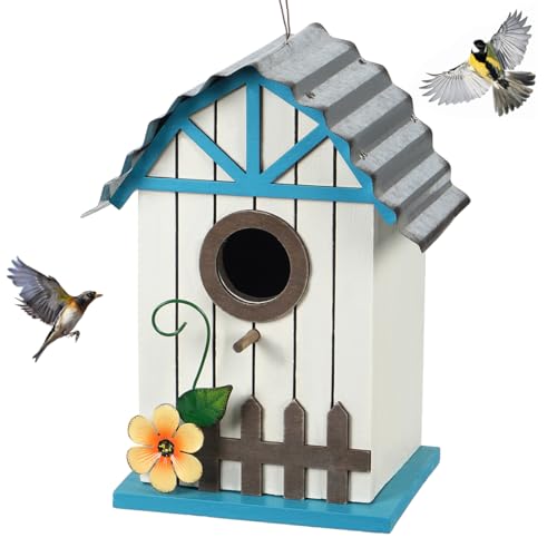 Optyuwah Vogelhaus Holz Nistkasten, Vogelvilla für Wildvögel Meisen, zum Aufhängen Indoor als Dekoration Outdoor als Nistplatz Vogelfutterhaus mit Zäune und Blumen 28x18.5x13cm von Optyuwah