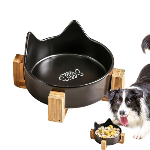 Keramik-Katzenschüssel, auslaufsichere Futterschale, Spill-Proof Dog Cat Bowls, Cat Feeding Bowl mit Holzstand, niedlicher Katzenohr, Futterschale, für Katzen von Opvonxeh