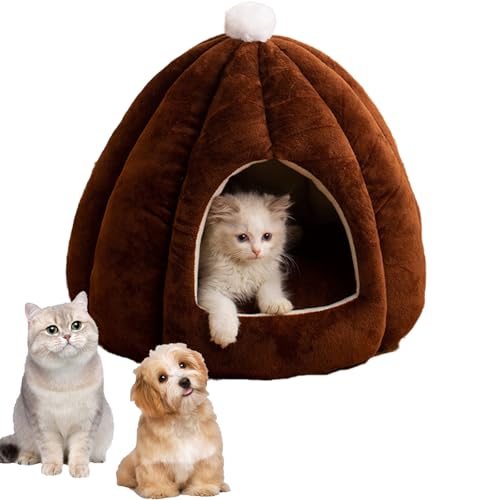 Ordaba Pumpkin Katzenbett, weich, waschbar, Kürbis-Katzenbett, 35/40/50 cm, halbgeschlossene Haustierhütte, niedliches Katzenbett, geeignet für Katzen und Hunde, 2,3–7,7 kg (Dunkelbraun, M) von Ordaba