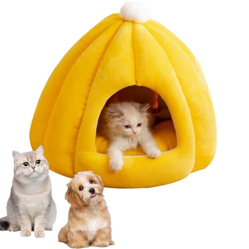 Ordaba Pumpkin Katzenbett, weich, waschbar, Kürbis-Katzenbett, 35/40/50 cm, halbgeschlossene Haustierhütte, niedliches Katzenbett, geeignet für Katzen und Hunde, 2,3–7,7 kg (Gelb, L) von Ordaba