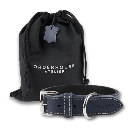 Hochwertiges handgemachtes Leder Hundehalsband aus 100% Echtleder - für kleine, mittlere und große Hunde - verstellbar, weich, flexibel und bequem, Farbe:Dunkelblau, Größe:28-36 cm (XS) von Orderhouse Atelier