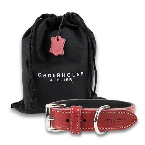 Hochwertiges handgemachtes Leder Hundehalsband aus 100% Echtleder - für kleine, mittlere und große Hunde - verstellbar, weich, flexibel und bequem, Farbe:Rot, Größe:28-36 cm (XS) von Orderhouse Atelier