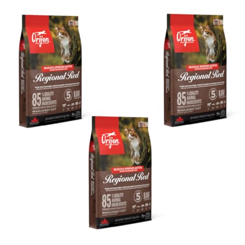 Orijen Cat Regional Red | 3er Pack | 3 x 340 g | Alleinfuttermittel für ausgewachsene Katzen | 85% hochwertige tierische Zutaten | Überzug aus gefriergetrockneter Leber von Orijen