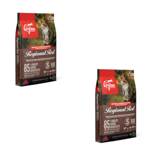 Orijen Cat Regional Red | Doppelpack | 2 x 340 g | Alleinfuttermittel für ausgewachsene Katzen | 85% hochwertige tierische Zutaten | Überzug aus gefriergetrockneter Leber von Orijen