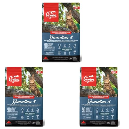 Orijen Guardian 8 | 3er Pack | 3 x 340 g | Trockenfutter für ausgewachsene Katzen | 90% tierische Zutaten | Mit frischem oder rohem Geflügel- und Fischzutaten von Orijen