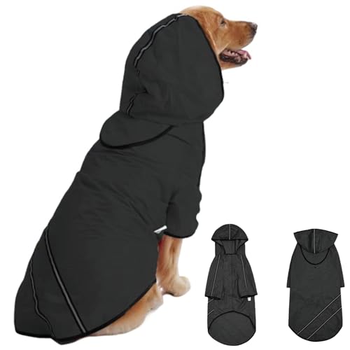 Regenjacke Hunde Wasserdicht, Hunderegenmantel mit Kapuze & Kragenloch & Sicheren Reflektierenden Streifen, Verstellbare Regenjacke für kleine Mittelgroße und große Hunde und Welpen(Schwarz, 3XL) von Ormromra