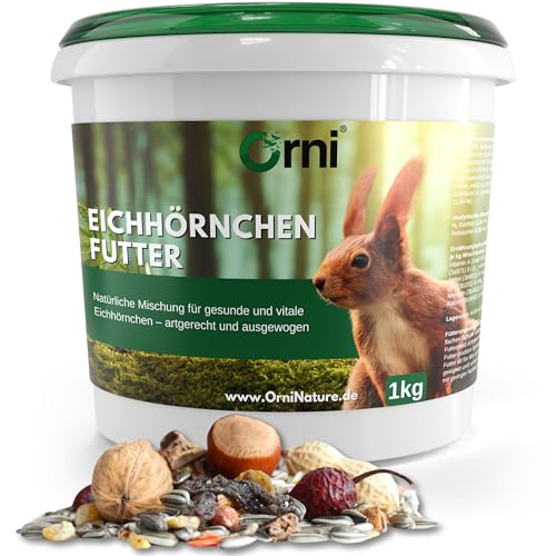 Orni Eichhörnchen Futter | 1kg | Ganzjahresfutter Nüsse- Saaten Mischung mit Schale | Eichhörnchenfutter ideal für Futterstelle und Futterhaus von Orni