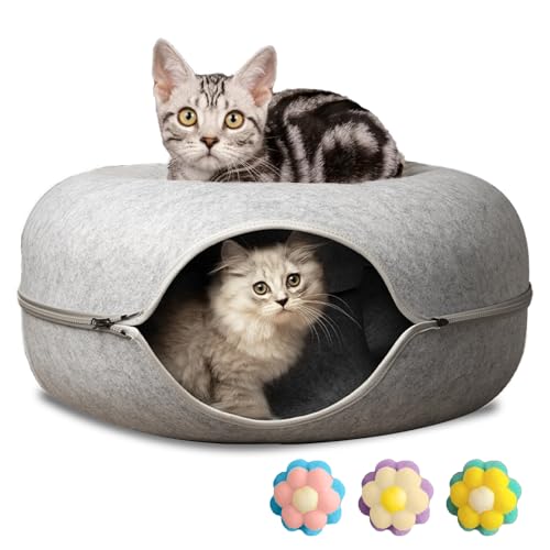 Peekaboo Katzenhöhle, Katzentunnelbett für Indoor-Katzen mit 3 Spielzeugen, Donut-Katzenbett für Katzen bis zu 10 kg, abnehmbares und waschbares Katzenhaus und Katzenhaus (Hellgrau, M (20 x 20 x 9) von Oroyi