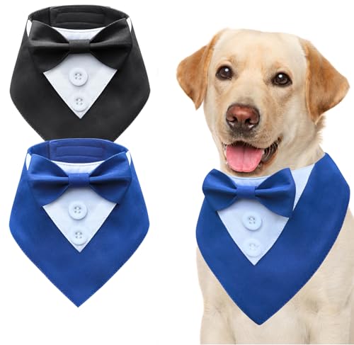 Oslueidy 2PCS Hund Smoking Formelle Hund Bandana, Einstellbare Hund Halsband mit Fliege Geburtstag Hund Kostüm Party Anzug Hund Hochzeit Kleidung Hund Valentines Outfit Cosplay (Blau Schwarz, L) von Oslueidy