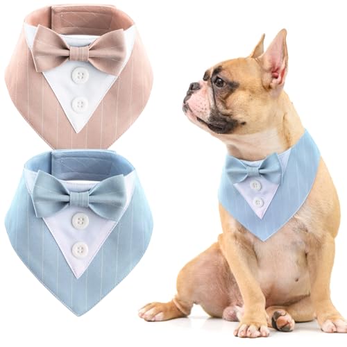 Oslueidy 2PCS Hund Smoking Formelle Hund Bandana, Einstellbare Hund Halsband mit Fliege Geburtstag Hund Kostüm Party Anzug Hund Hochzeit Kleidung Hund Smoking Valentines Outfit (Rosa Blau, S) von Oslueidy