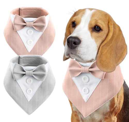 Oslueidy 2PCS Hund Smoking Formelle Hund Bandana, Einstellbare Hund Halsband mit Fliege Geburtstag Hund Kostüm Party Anzug Hund Hochzeit Kleidung Hund Valentines Outfit Cosplay (Grau Rosa, L) von Oslueidy