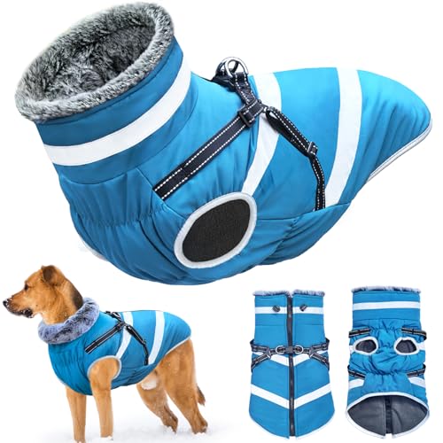 Oslueidy wasserdichte Hundemäntel, Winter Warme Hunde Jacken Reflektierende Haustier Kleidung Hund Kalte Wetter Mäntel Gemütliche Schnee Anzug Jacke Weste für kleine mittlere große Hunde (Blau, 2XL) von Oslueidy