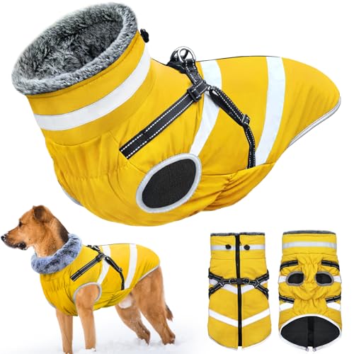 Oslueidy wasserdichte Hundemäntel, Winter Warme Hunde Jacken Reflektierende Haustier Kleidung Hund Kalte Wetter Mäntel Gemütliche Schnee Anzug Jacke Weste für kleine mittlere große Hunde (Gelb, 3XL) von Oslueidy