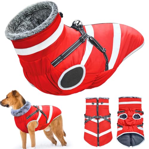 Oslueidy wasserdichte Hundemäntel, Winter Warme Hunde Jacken Reflektierende Haustier Kleidung Hund Kalte Wetter Mäntel Gemütliche Schnee Anzug Jacke Weste für kleine mittlere große Hunde (Rot, 2XL) von Oslueidy