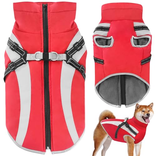 Oslueidy Wasserdichter Hundemäntelmit Geschirr Winter Warme Hundejacke Winddichte Haustier Kleidung Schneeanzug Hundejacken für Kleine Mittlere Große Hunde (3XL, Rot) von Oslueidy