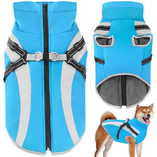 Oslueidy Wasserdichter Hundemäntelmit Geschirr Winter Warme Hundejacke Winddichte Haustier Kleidung Schneeanzug Hundejacken für Kleine Mittlere Große Hunde (4XL, Blau) von Oslueidy