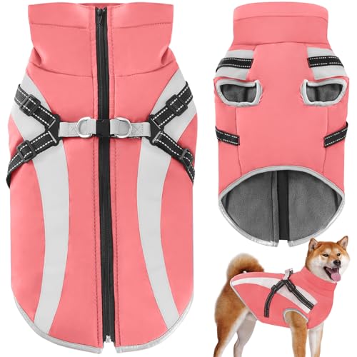 Oslueidy Wasserdichter Hundemäntelmit Geschirr Winter Warme Hundejacke Winddichte Haustier Kleidung Schneeanzug Hundejacken für Kleine Mittlere Große Hunde (Rosa, 2XL) von Oslueidy