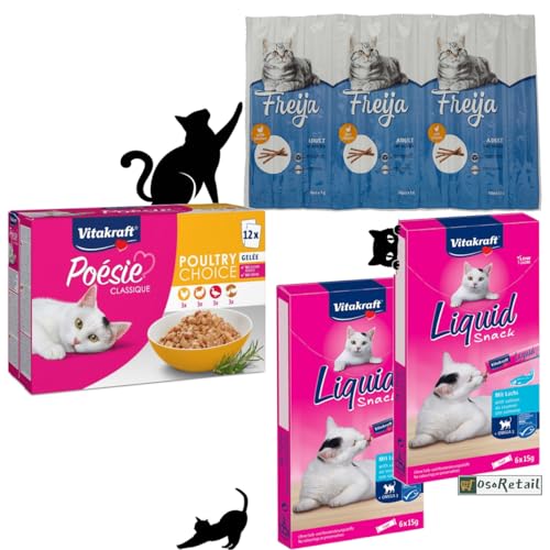 OsoRetail Set für Katzen: 1 x 12 Nassfutter Vitakraft Poésie Classique Gelee, 2 x 6 Vitakraft Snack Flüssigkeit Lachs mit Omega3, 2 x 3 Vitakraft Stick Mini Lachs von OsoRetail