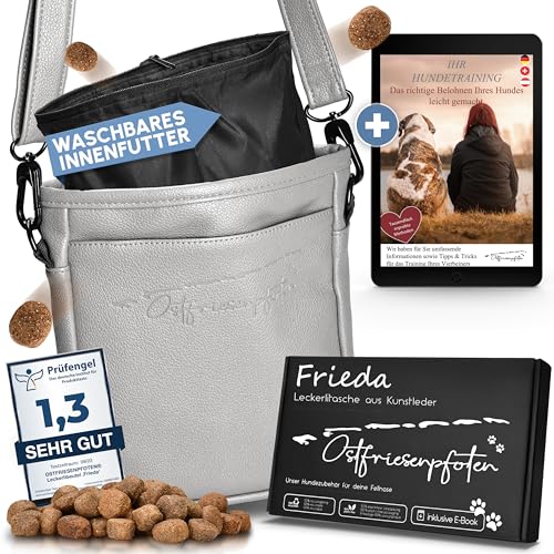 Ostfriesenpfoten® Leckerlibeutel 'Frieda' für Hunde aus hochwertigem Kunstleder - Grau Größe M - Futterbeutel mit EasyOpen Einhandmagnetverschluss - Gassitasche für Hunde-Leckerli von Ostfriesenpfoten