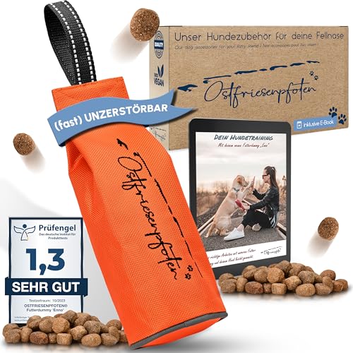 Ostfriesenpfoten® - extrem strapazierfähiger Futterbeutel 'Enno' | ohne Metallösen | plastikfreie Verpackung | Orange | Größe L | Futterdummy inkl. eBook für Dein Agility-Training – bei 30° waschbar von Ostfriesenpfoten