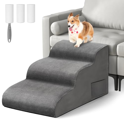 Otauoaea Hundetreppe für Kleinen Hunde, 3 Stufen rutschfest Haustiertreppe Katzentreppe, Hunderampe aus Schwamm für Sofa Bett, Hunde Treppen mit Abnehmbarer Bezug, Senden Fusselrolle, Grau von Otauoaea