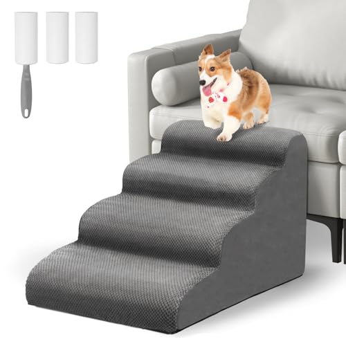 Otauoaea Hundetreppe für Kleinen Hunde, 4 Stufen rutschfest Haustiertreppe Katzentreppe, Hunderampe aus Schwamm für Sofa Bett, Hunde Treppen mit Abnehmbarer Bezug, Senden Fusselrolle, Grau von Otauoaea