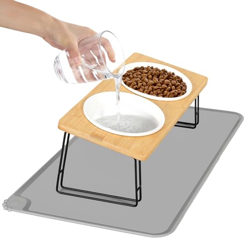 Otauoaea Katzennapf Erhöht -2er Set Futternapf Katze aus Keramik mit Napfunterlage Silikon,Ergonomischer Futterstation 15°gekippte Katzen Hundenapf,Fressnapf und Wassernapf für Katzen und kleine Hunde von Otauoaea