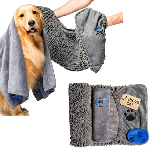 OtterPets Set mit zwei großen Hundehandtüchern und Hundebürste, Hundebadzubehör, Mikrofaser-Handtuch und Shammy, Hundehandtücher zum Trocknen von Hunden groß, Hundebürste für Fellpflege, von OtterPets