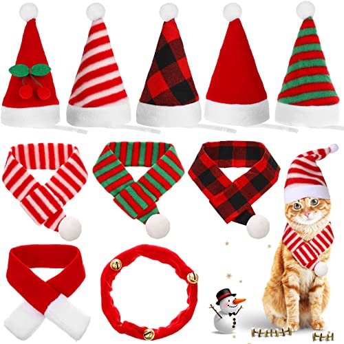 10 Stück Weihnachten Katze Santa Hüte mit Schal und Kragen Set, Weihnachten Katze Kostüme Haustier Weihnachtsmütze Schal Set Welpe Hund Weihnachtsmütze Xmas Katze Outfit für Katzen Kleine Hunde von Oudain