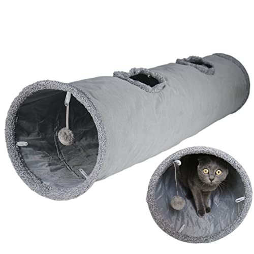 Ouduess Katzentunnel, 130*30cm großer Katzen Tunnel, Faltbarer Rascheltunnel aus grauem Wildleder, geeignet für Katzen, Hasen und andere Tiere für drinnen und draußen Spiele und Übungen von Ouduess