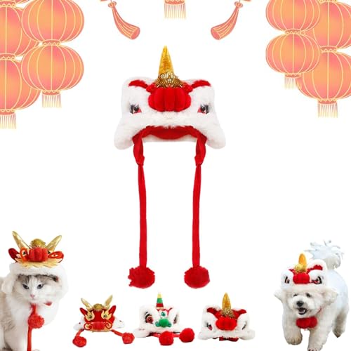 Year of Dragon Dog Cat Hat - Dance Lion Pet Costume, Dog Cat New Years Hat, Chinese Dragon Pet Costume, Pet Dog Costume Chinese Style New Year, Warm Wrap Hood, for Lunar New Year Parties (B, L) von Oueet