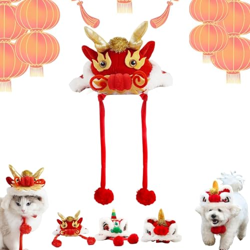 Year of Dragon Dog Cat Hat - Dance Lion Pet Costume, Dog Cat New Years Hat, Chinese Dragon Pet Costume, Pet Dog Costume Chinese Style New Year, Warm Wrap Hood, for Lunar New Year Parties (C, L) von Oueet