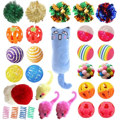 OundarM 31Stück Katzenspielzeug Set, Katzenspielzeug selbstbeschäftigung, Verschiedene Interaktives Katzenspielzeug, Pompom Bälle, Stoffball, Sisal Seilball, Katzenminze Kissen von OundarM