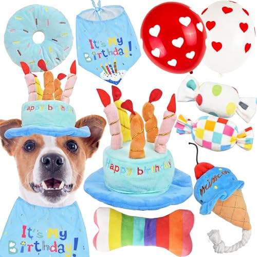 Ousiya 9-Pack Hund Geburtstag Spielzeug Set für Welpen und Kleine Hunde, Quietschen Hund Spielzeug Hund Geburtstag Hut Hund Geburtstag Bandana, Hund Geburtstag Geschenke Plüsch Hundespielzeug von Ousiya