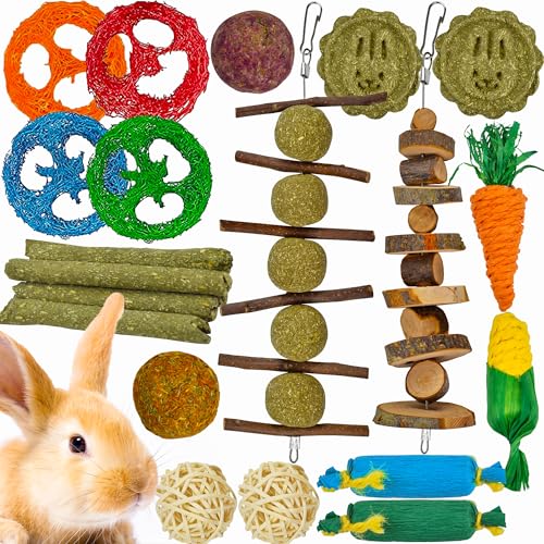 Ousiya 21er-Pack Kaninchenspielzeug-Set, Kaninchen Spielzeug Beschäftigung und Kauspielzeug für Kaninchen, Hamster, Meerschweinchen und Chinchillas, Apfel Holz Lieschgras Sticks für Kleintiere Zahnen von Ousiya