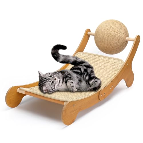 Outamateur Katzenhängemattenstuhl, Katzenkratz-Lounge, 3 in 1 Katze Mini Strandkorb mit Spielzeugball, Katzenbetten mit abnehmbarem Sisalpolster für Indoor-Katzen, Kaninchen von Outamateur