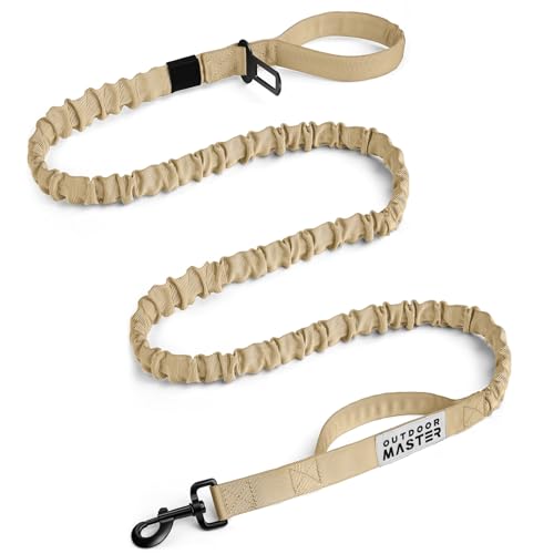 OutdoorMaster Bungee-Hundeleine, robuste Hundeleine mit Stoßdämpfung, 2 gepolsterte Griffe, Trainingsleine, 1 Sicherheitsgurtclip, verbesserte Sicherheit und Komfort des Hundes, Khaki, 1,8 m von OutdoorMaster