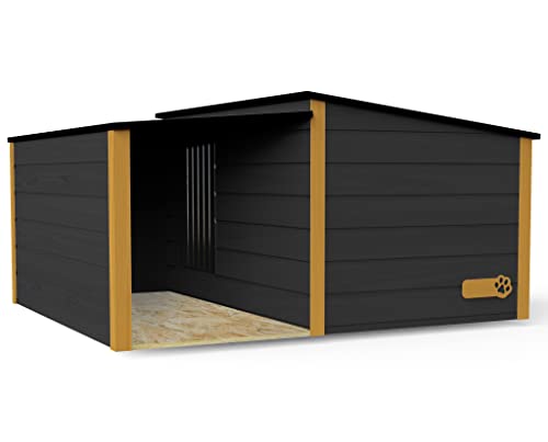 Outentin Hundehütte Isoliert Winterfest - Hundehaus XL Für Große Hunde- Luxus Hundehütte Outdoor mit Vordach - Wasserdicht und Isolierte Hundehütte - 123 x 105 x 53 cm (Grau - Gelb) von Outentin