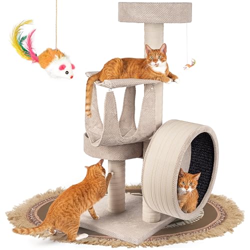 Outentin Kratzbaum für Katzen, mit kleinem Katzenlaufrad aus Holz, Massiver & Stabiler Katzenbaum, Robuster mittelgroßer Kletterbaum & Aktivitätskratzbäume, 135 cm hoch, Dicke Stämme, Farbe Beige von Outentin