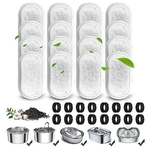 16+16 Stück Filter Katzenbrunnen,Filter Trinkbrunnen Katzen Ersatzfilter für 108oz/3.2L und 67oz/2L Edelstahl Trinkbrunnen für Katzen und Hunde,16 Stück Kohlefilter und 16 Stück Schaumfilter von Ouzionz