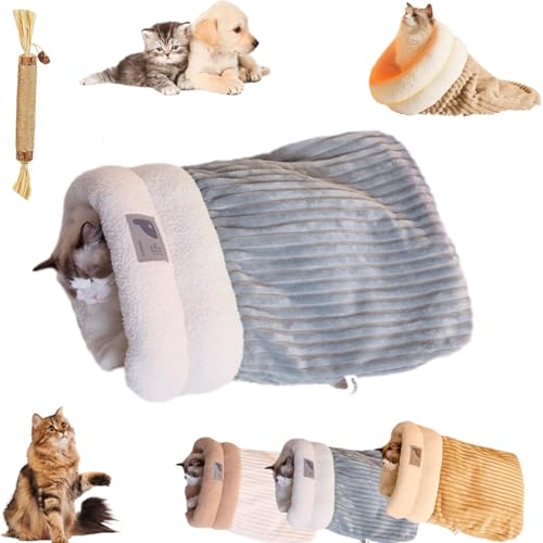 Katzenschlafsack, Weich Flauschig Cat Sleeping Bag, Warm Winterschlafsack Für Katzen, Plüschig Katzen Schlafsack, Waschbare Gemütliche Katzenhöhle für Katzen und Hunde (Blue A, L (54 cm x 45 cm)) von Oveallgo