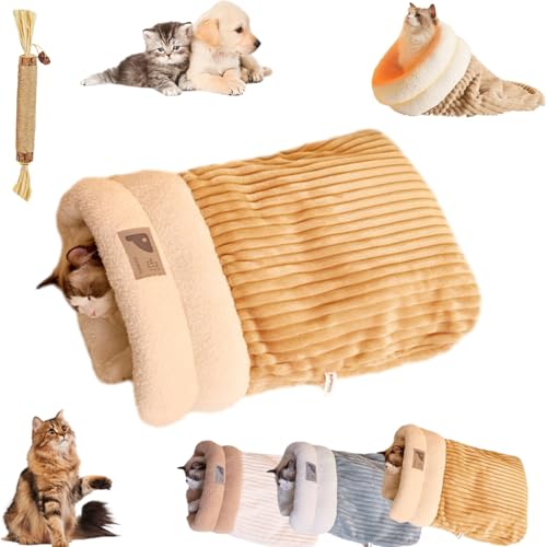 Katzenschlafsack, Weich Flauschig Cat Sleeping Bag, Warm Winterschlafsack Für Katzen, Plüschig Katzen Schlafsack, Waschbare Gemütliche Katzenhöhle für Katzen und Hunde (Khaki A, L (54 cm x 45 cm)) von Oveallgo