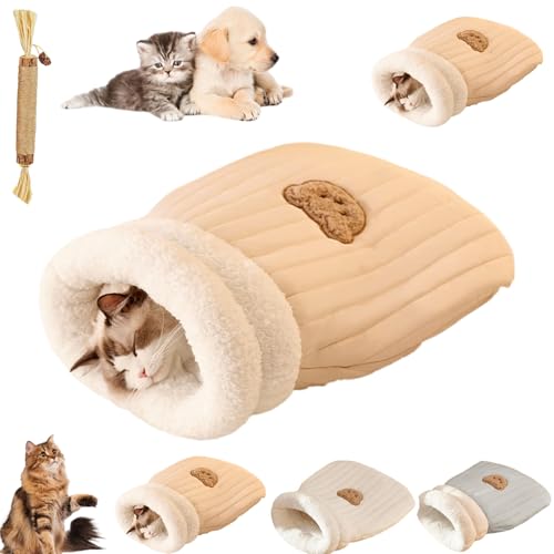 Katzenschlafsack, Weich Flauschig Cat Sleeping Bag, Warm Winterschlafsack Für Katzen, Plüschig Katzen Schlafsack, Waschbare Gemütliche Katzenhöhle für Katzen und Hunde (Khaki B, L (54 cm x 45 cm)) von Oveallgo