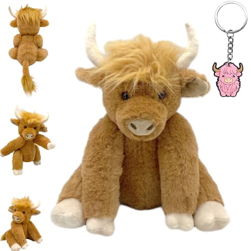 Oveallgo Theorbi Highland Cow Plush Toy, Realistic Vianys Cow Stuffed Plush Toy, Movable Joints Highland Cow Stuffed Animal, Scottish Stuffed Highland Cow with Music (Khaki) von Oveallgo