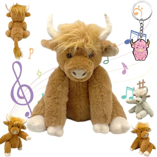 Oveallgo Theorbi Highland Cow Plush Toy, Realistic Vianys Cow Stuffed Plush Toy, Movable Joints Highland Cow Stuffed Animal, Scottish Stuffed Highland Cow with Music (Khaki Music) von Oveallgo