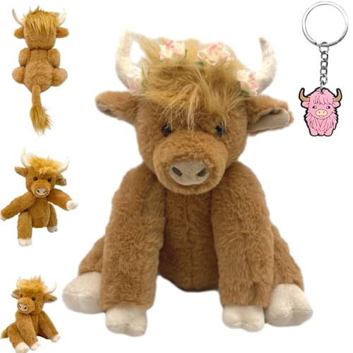 Oveallgo Theorbi Highland Cow Plush Toy, Realistic Vianys Cow Stuffed Plush Toy, Movable Joints Highland Cow Stuffed Animal, Scottish Stuffed Highland Cow with Music (Khaki with Flowers) von Oveallgo